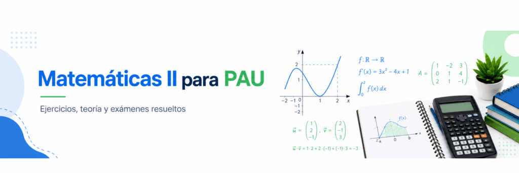 Recursos de Matemáticas II para PAU con ejercicios, teoría, exámenes resueltos, gráficas, integrales, matrices y material de estudio.
